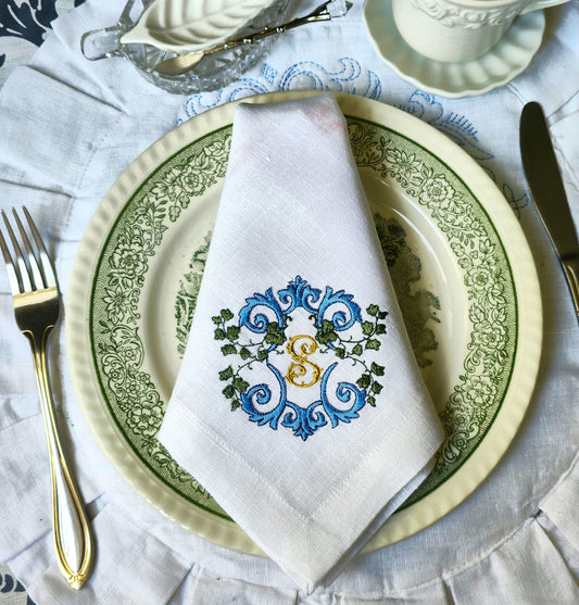 #108 | Blue Scroll Crest with Ivy Garland | Personalized