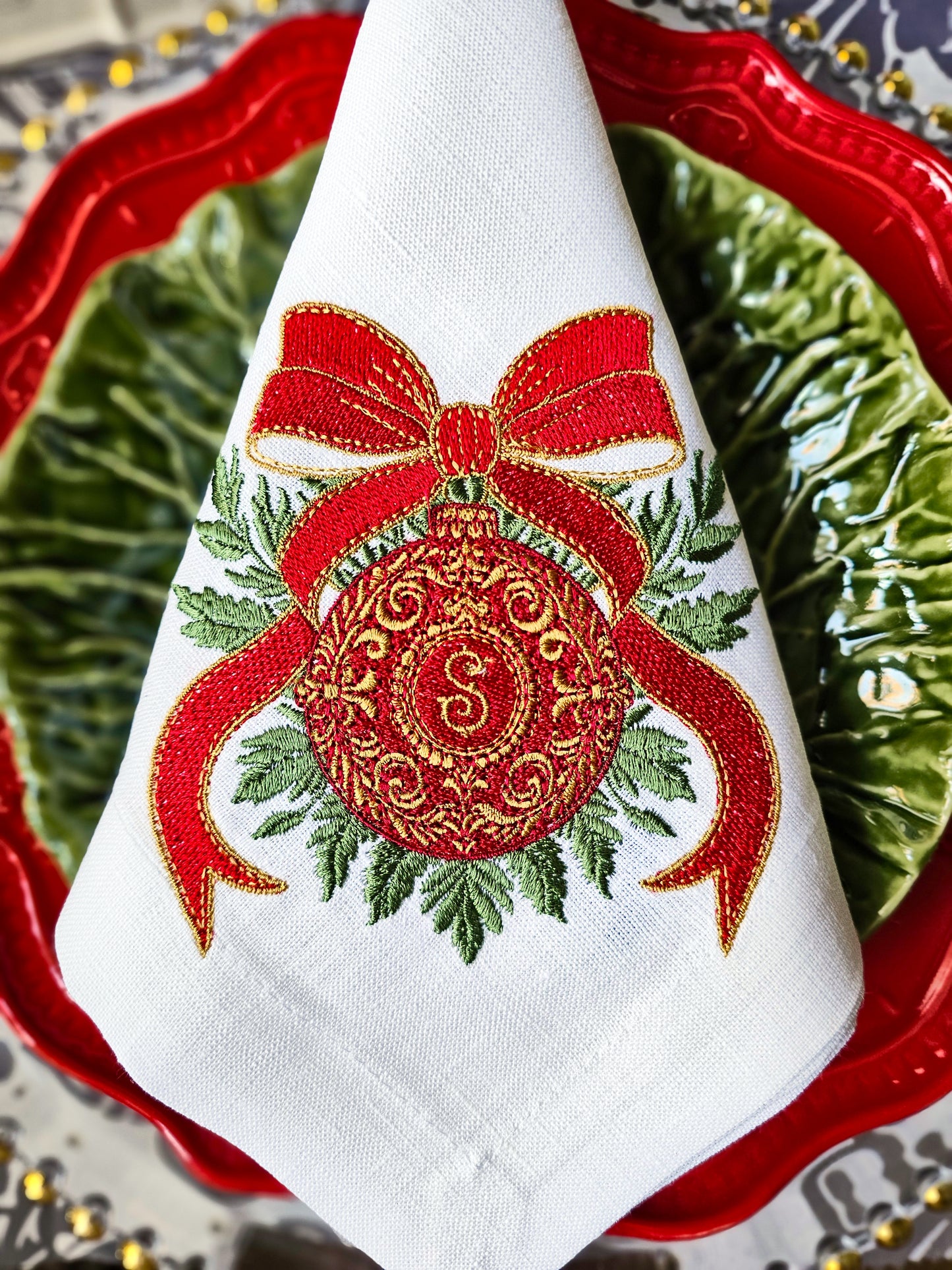 #124 | Baroque Christmas Ornament with Scarlet Bow | Personalized