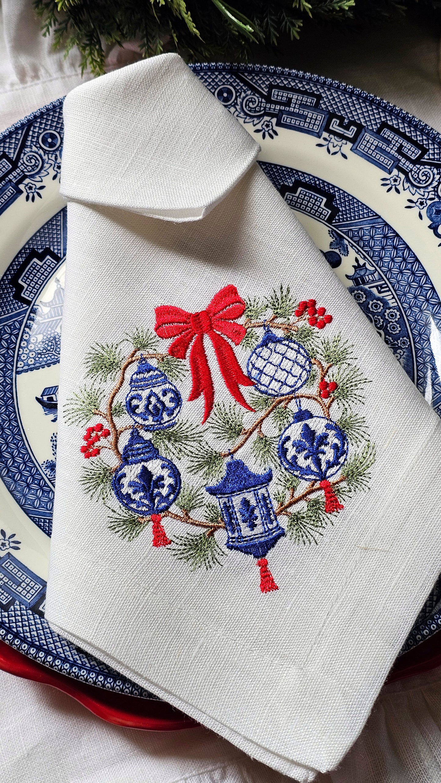 #135 | Chinoiserie Christmas Wreath with Red Bow