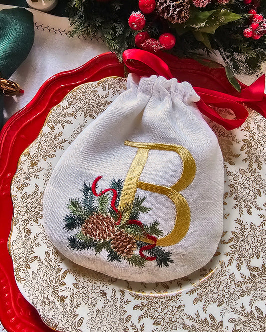 #B1 | Gold Monogram Pine & Ribbon Drawstring Bag | Personalized