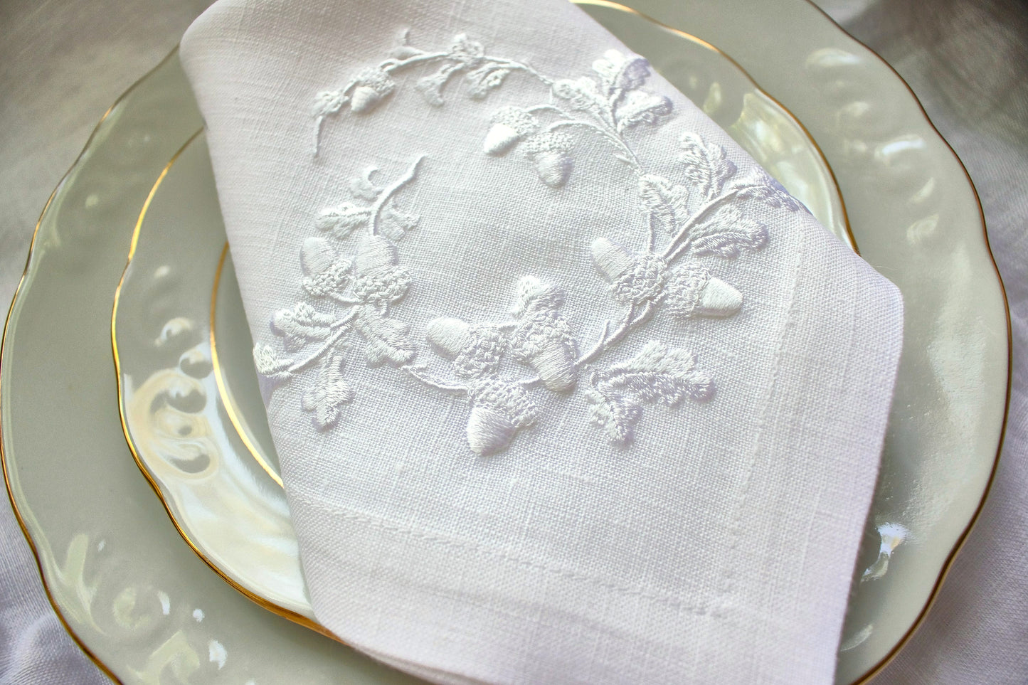 #059 | Whitework Acorn Wreath in Raised Embroidery