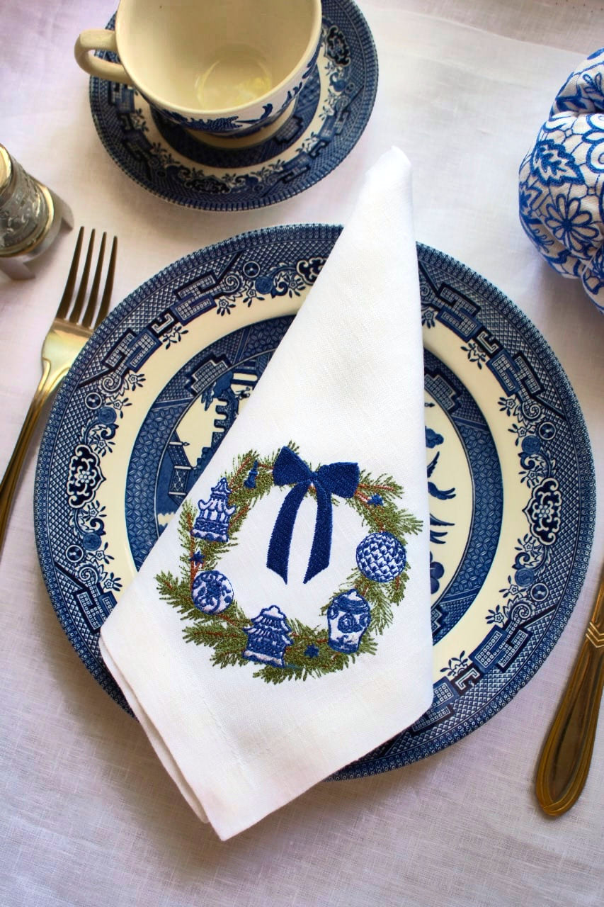 #087 | Blue Chinoiserie Garland with Holiday Bow