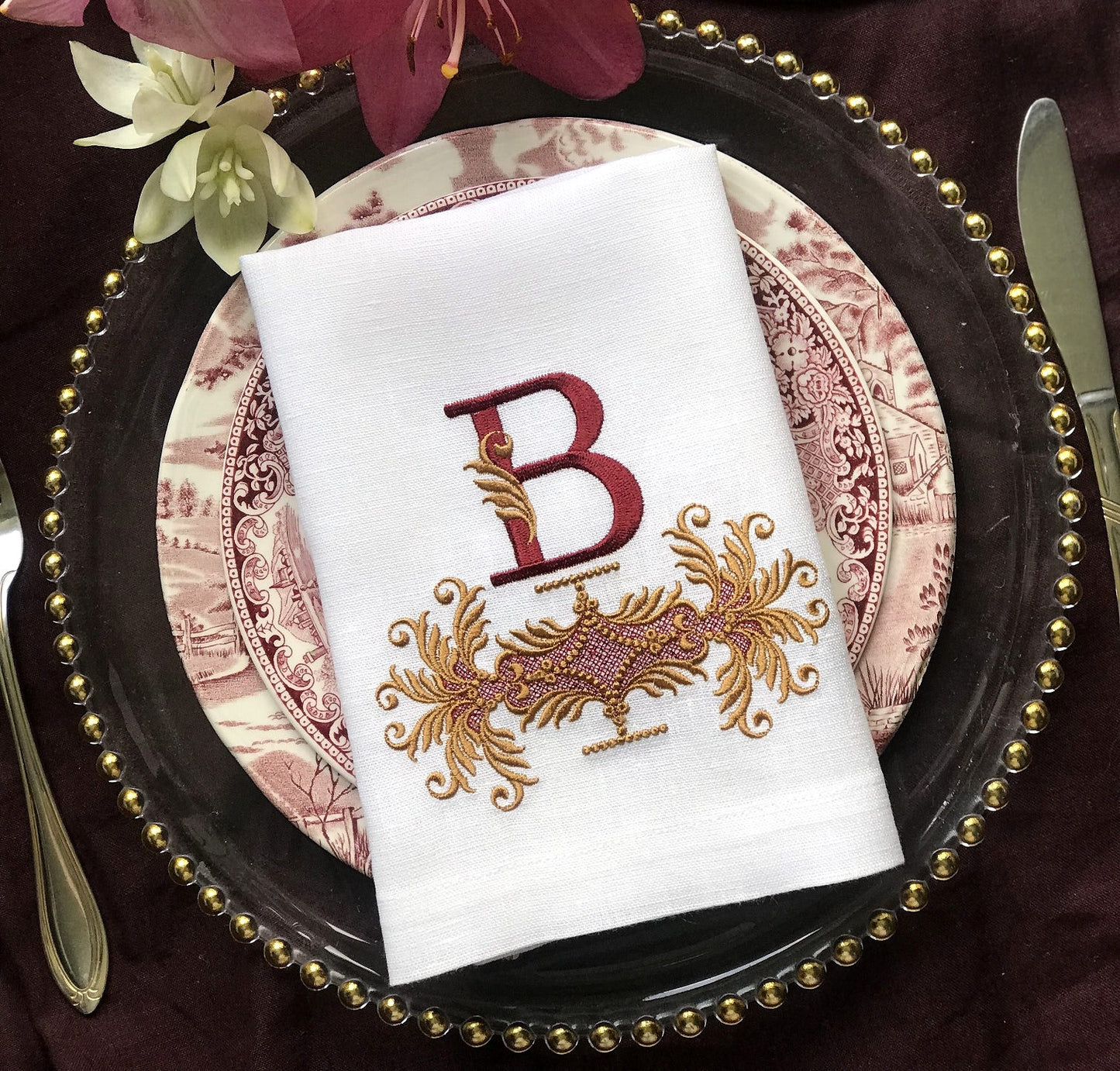 #104 | Burgundy Monogram with Baroque Gold Scrollwork | Personalized