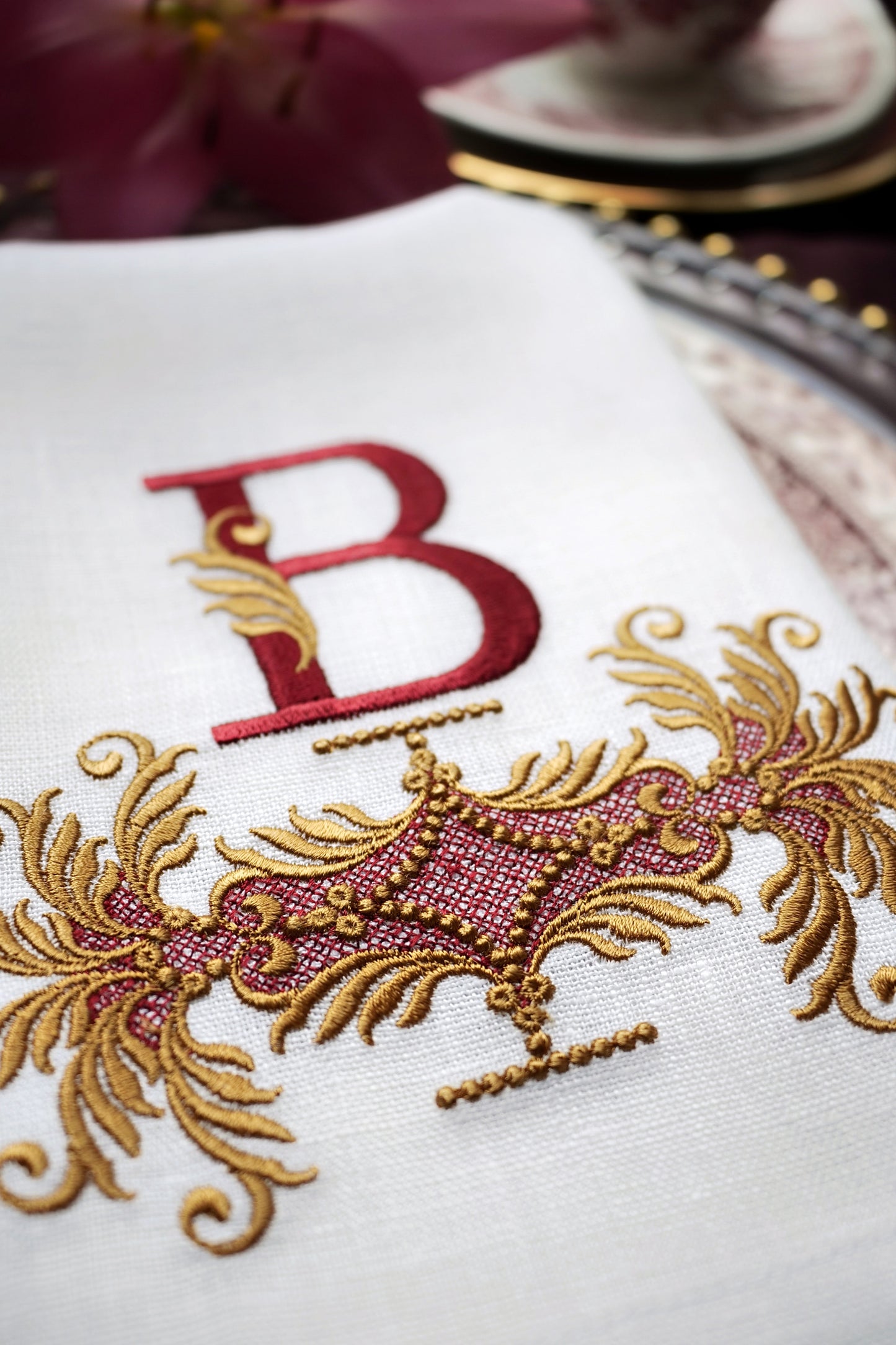 #104 | Burgundy Monogram with Baroque Gold Scrollwork | Personalized