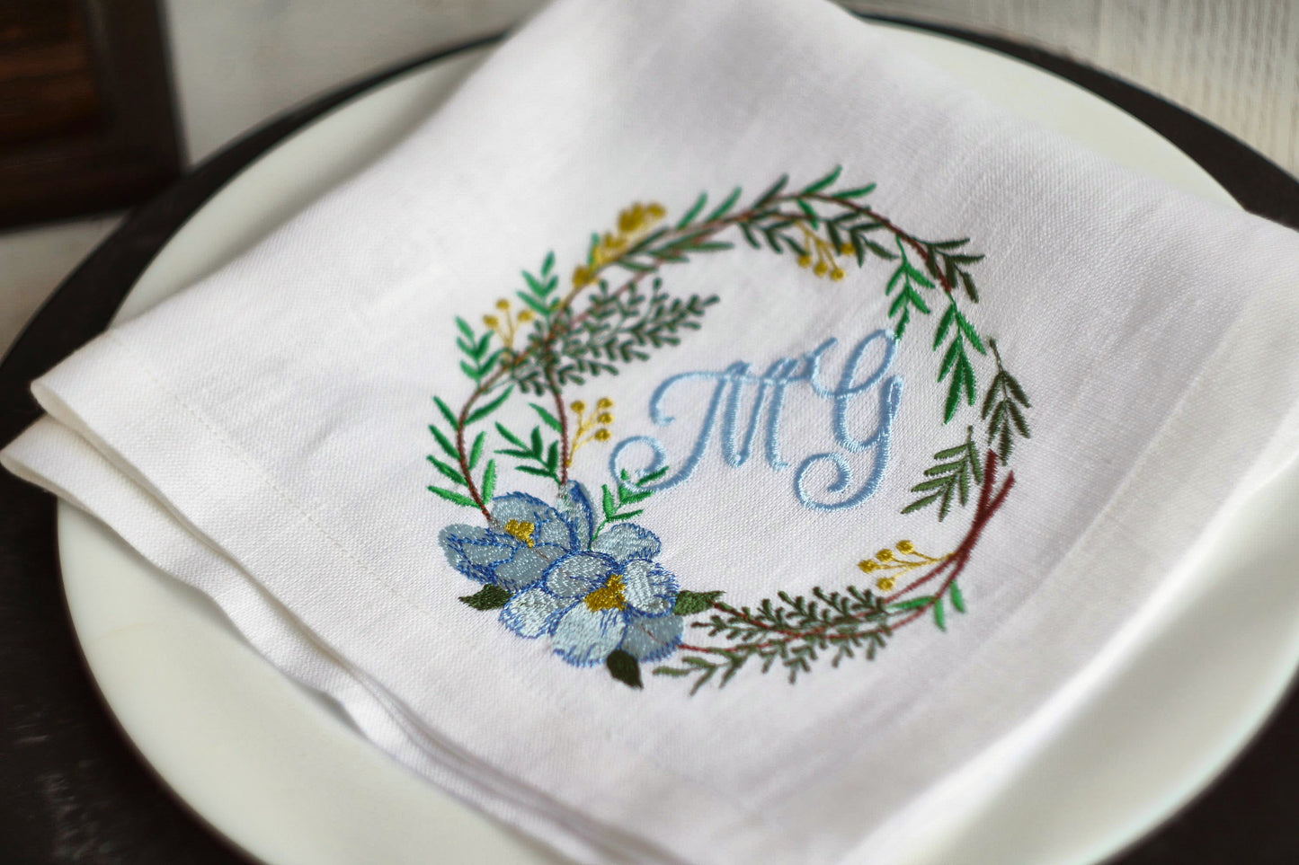 #102 | Wintergreen Wreath with Pale Blue Blooms | Personalized