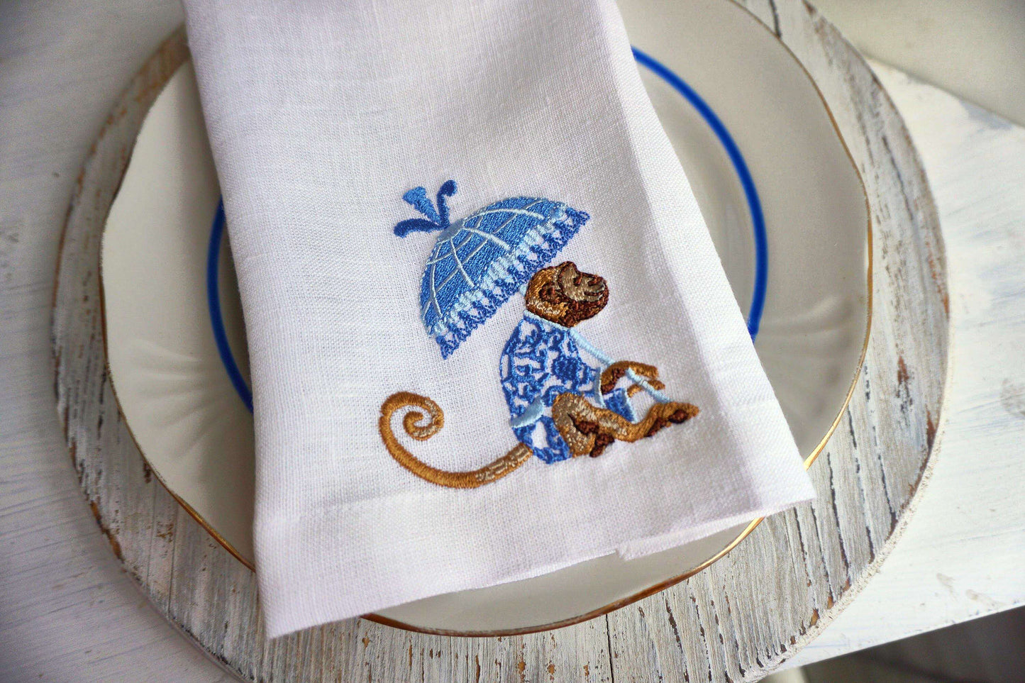 #090 | Blue Chinoiserie Monkey with Parasol