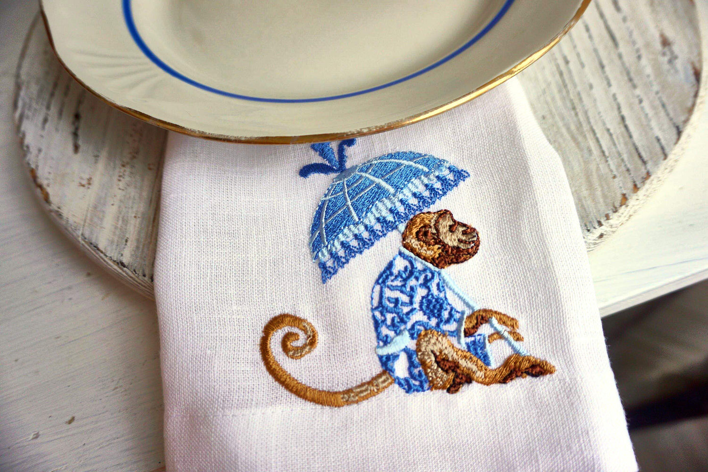 #090 | Blue Chinoiserie Monkey with Parasol