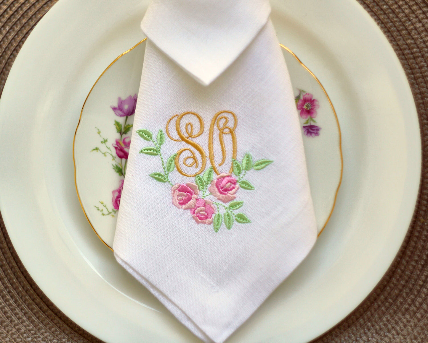 #100 | Golden Script with Pink Rose Garland | Personalized