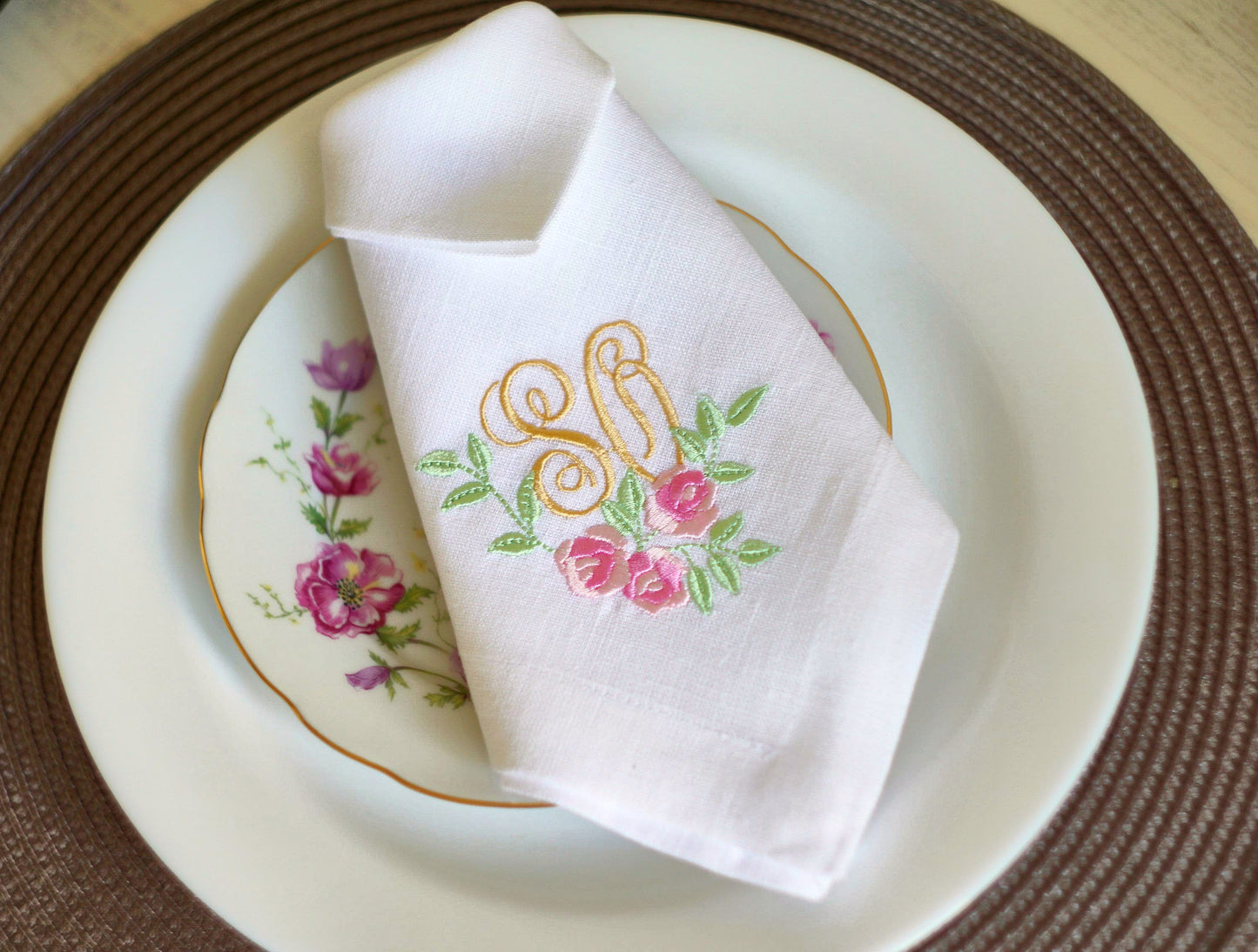 #100 | Golden Script with Pink Rose Garland | Personalized