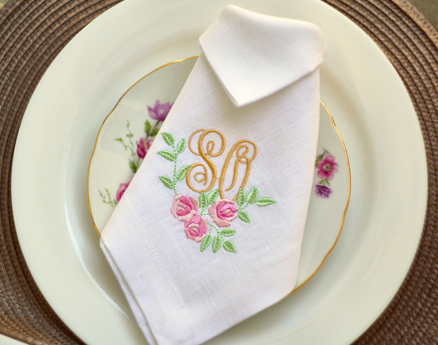 #100 | Golden Script with Pink Rose Garland | Personalized
