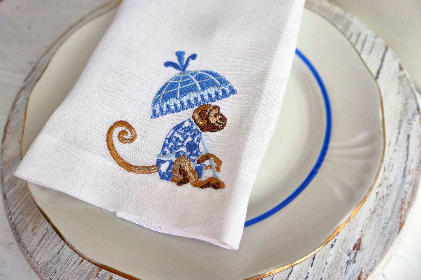 #090 | Blue Chinoiserie Monkey with Parasol
