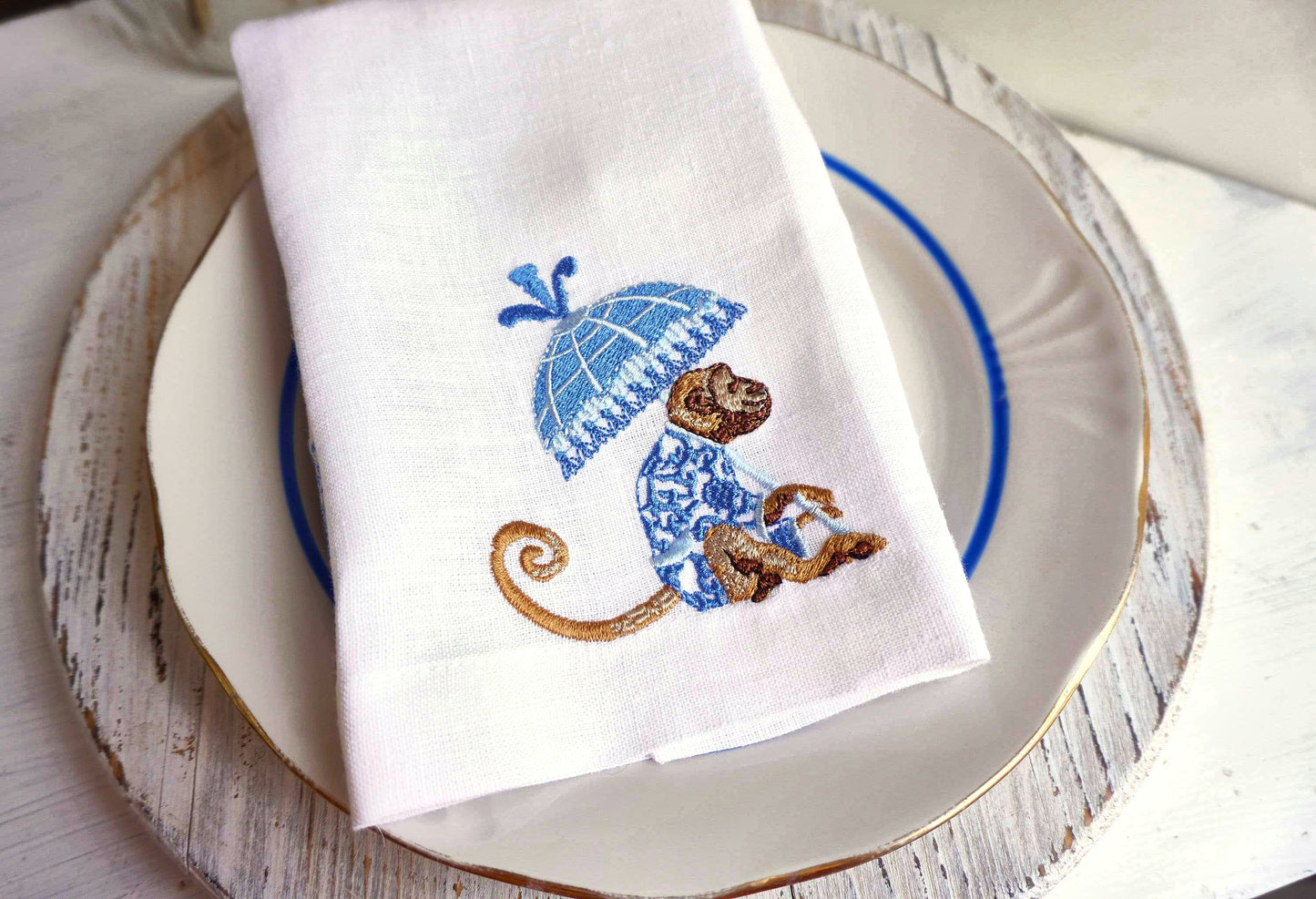 #090 | Blue Chinoiserie Monkey with Parasol