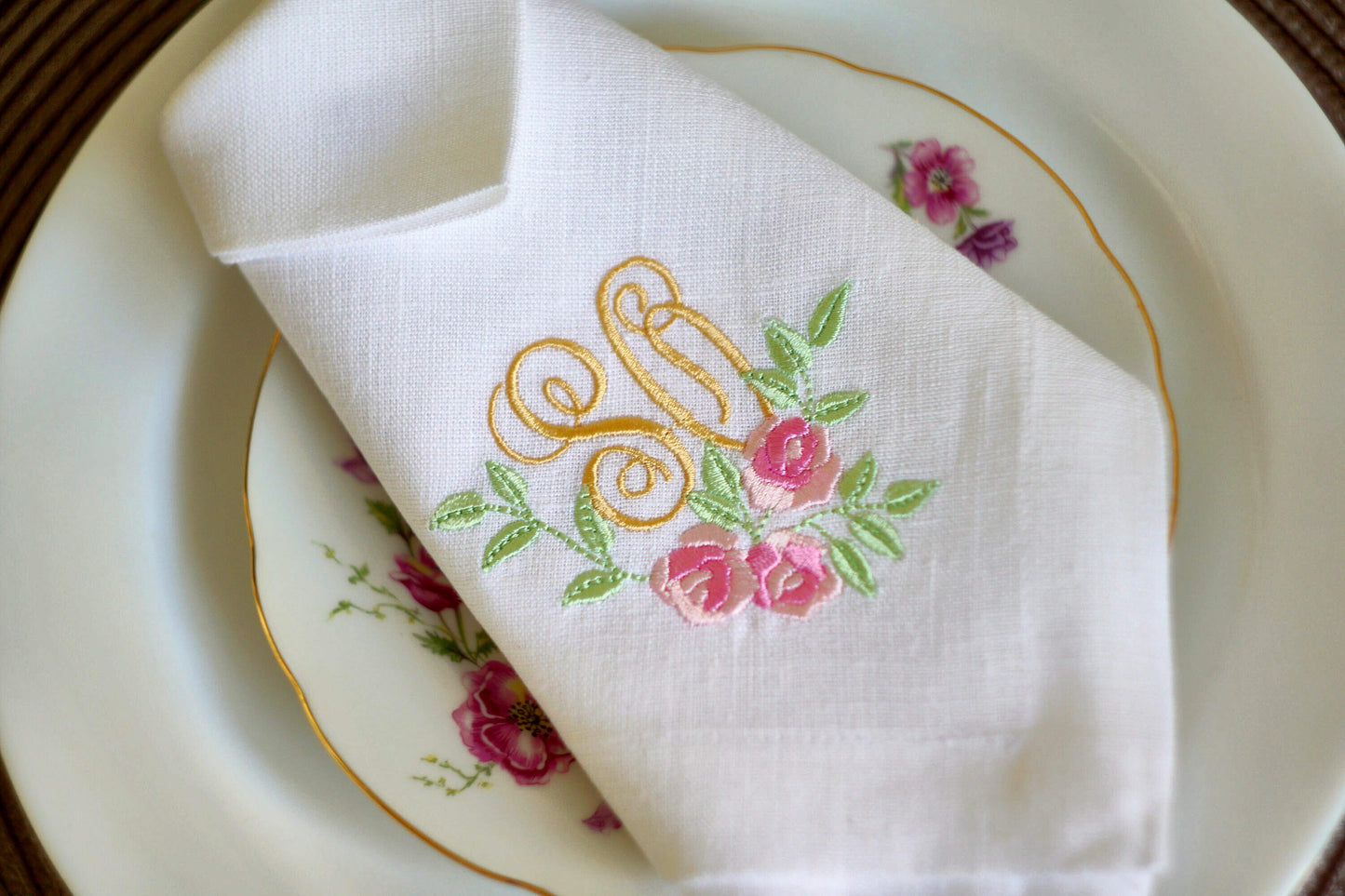 #100 | Golden Script with Pink Rose Garland | Personalized