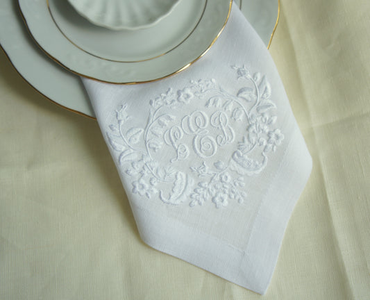 #036 | Floral white on white monogram | Personalized | Linen napkins