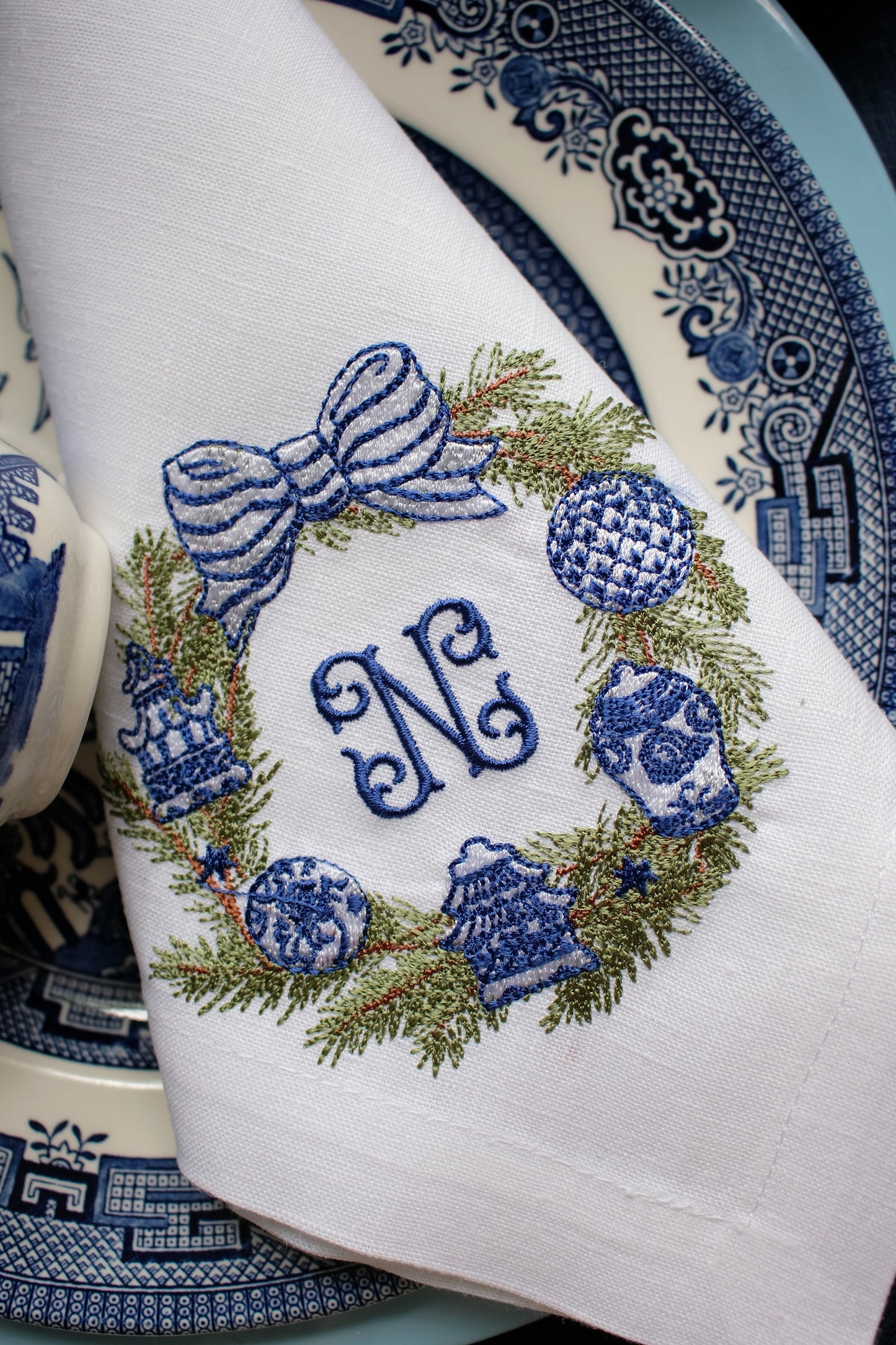 #096 | Chinoiserie Garland Wreath with Holiday Bow | Personalized