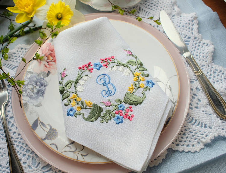 #099 | Colorful flowered wreath | Personalized | Linen napkins