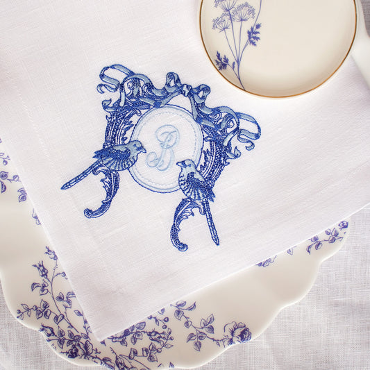 #069 | Beautiful blue frame with a bow and birds | Personalized | Linen napkins