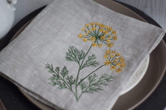 Linen Napkins with dill embroidery, cloth napkin, Embroidered dill Napkins Floral, table decoration, сloth Dinner Napkins,  autumn napkins