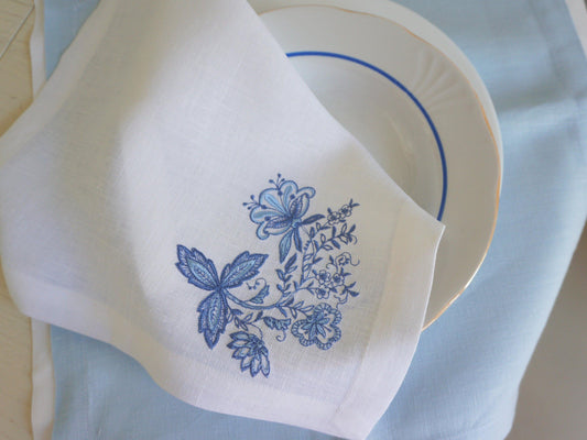 Blue Embroidered Napkins Floral, linen napkins, table decoration, Embroidered Cloth Dinner Napkins, floral napkins, Wedding napkins
