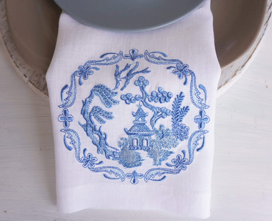 Blue Embroidered Napkins, linen napkins, table decoration, Embroidered Cloth Dinner Napkins, CHINOISERIE BIRDHOUSE, Wedding napkins
