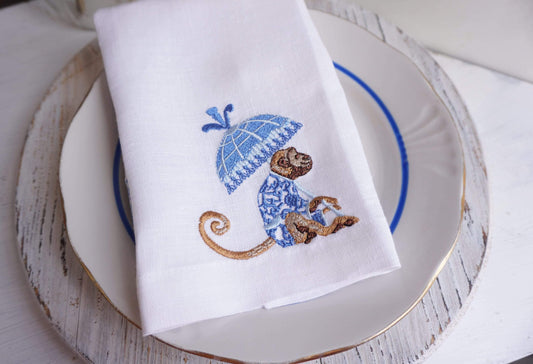 Blue Embroidered linen Napkins, table decoration, Embroidered Cloth Dinner Napkins, CHINOISERIE, Wedding napkins, monkey with umbrellas