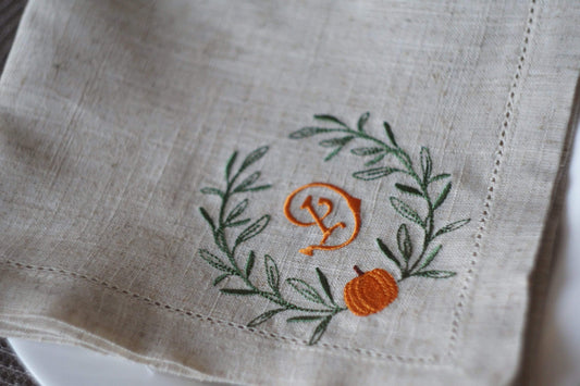 embroidered cloth napkins, thanksgiving Holiday Table Decor, Embroidered Cloth Dinner Napkins, Pumpkin Monogram Napkins, Halloween napkins