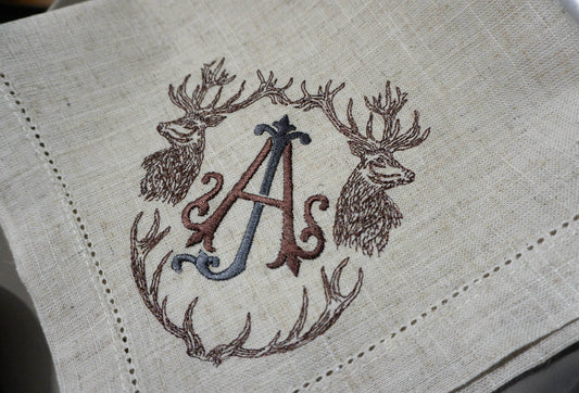 embroidered christmas deer cloth napkins, Holiday Table Decor, Embroidered Cloth Dinner Napkins, Stag Monogram Napkins, christmas napkins
