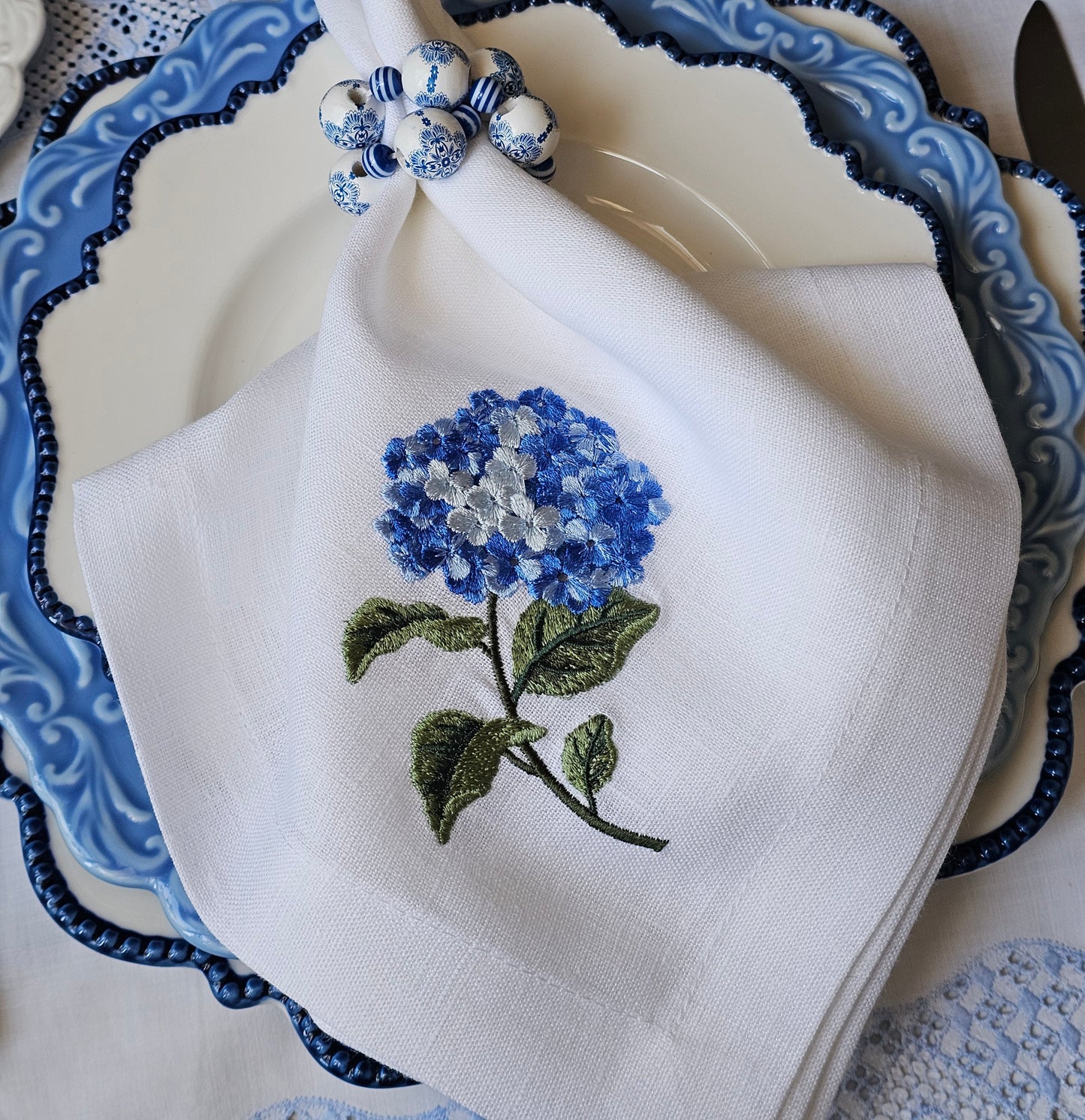 #134 | White Linen Napkin with Blue Hydrangea Embroidery