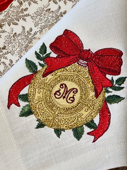 #109 | Gold Ornament with Red Holiday Bow | Personalized