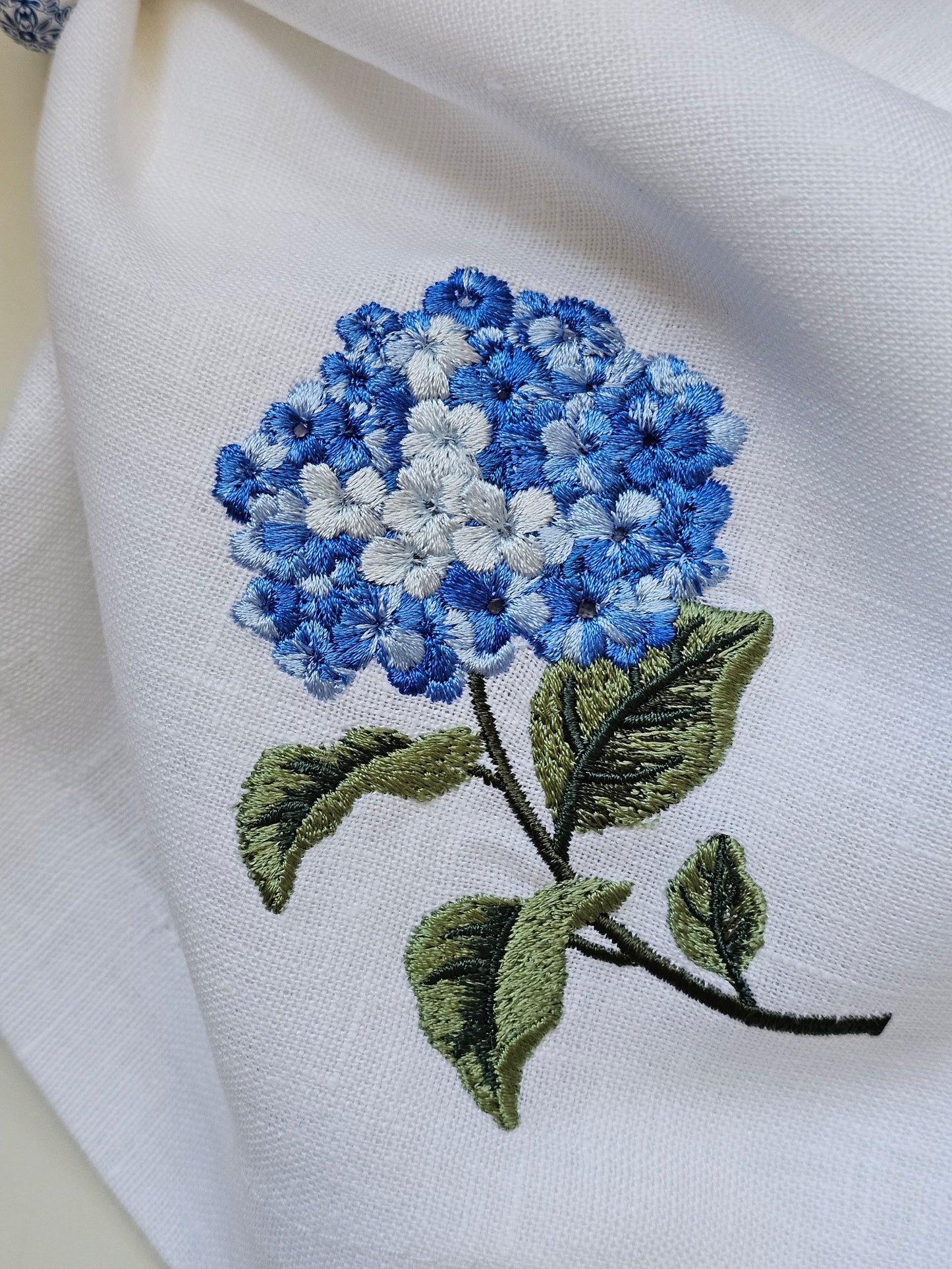 #134 | White Linen Napkin with Blue Hydrangea Embroidery