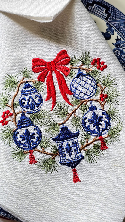 #135 | Chinoiserie Christmas Wreath with Red Bow
