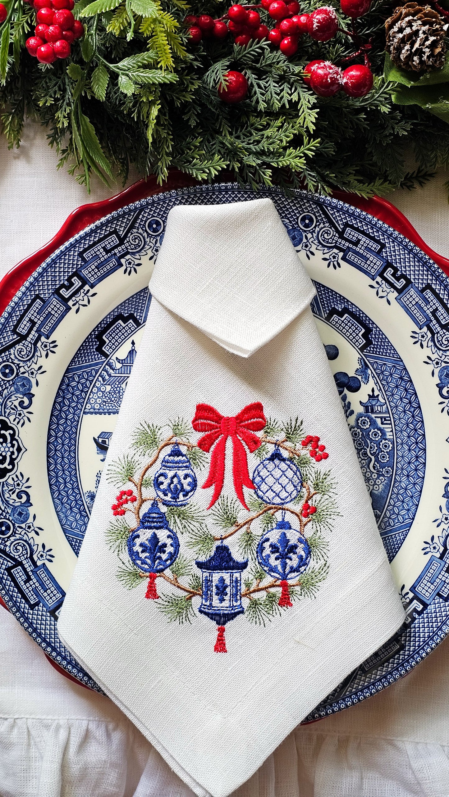 #135 | Chinoiserie Christmas Wreath with Red Bow