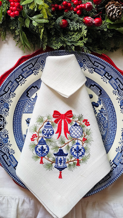 #135 | Chinoiserie Christmas Wreath with Red Bow