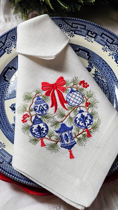 #135 | Chinoiserie Christmas Wreath with Red Bow