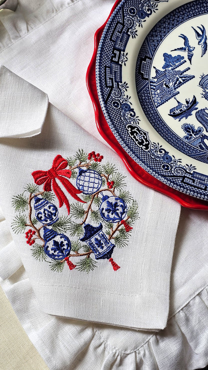 #135 | Chinoiserie Christmas Wreath with Red Bow