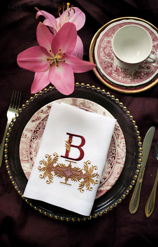 #104 | Burgundy Monogram with Baroque Gold Scrollwork | Personalized