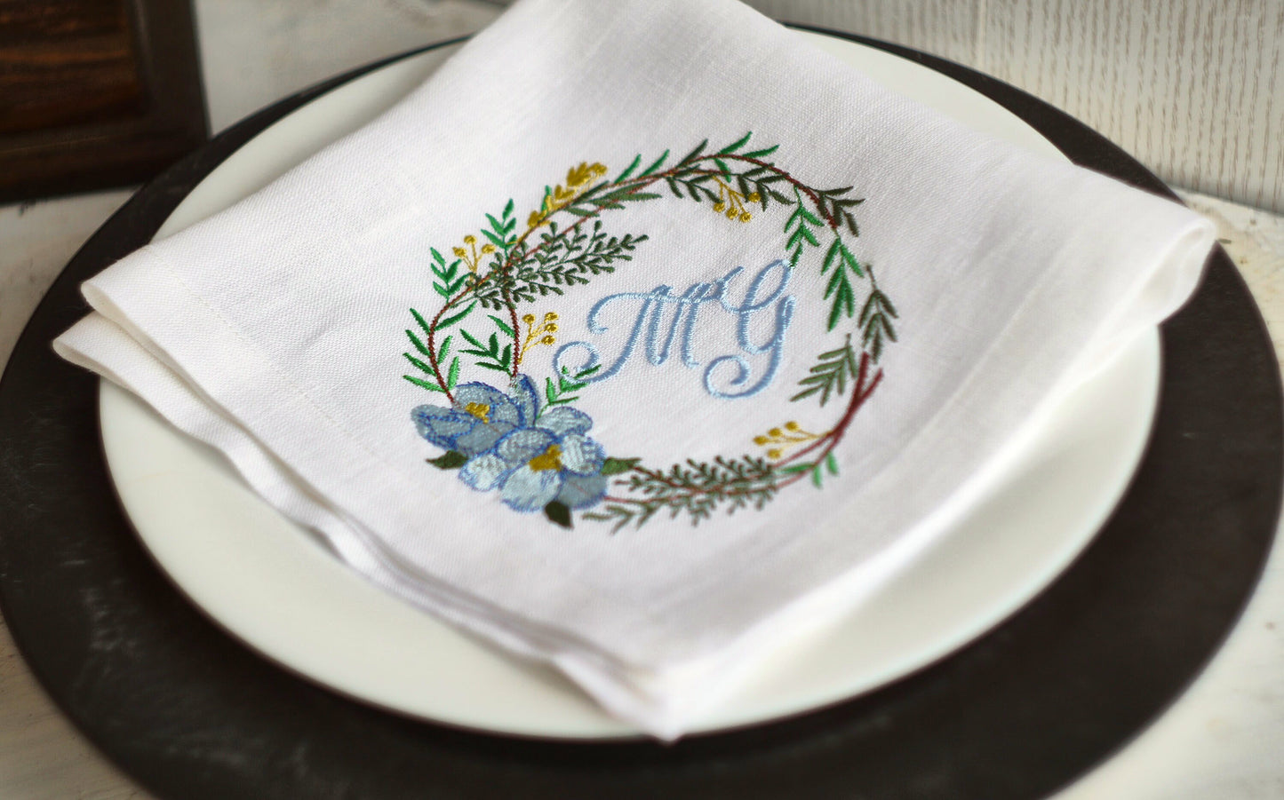 #102 | Wintergreen Wreath with Pale Blue Blooms | Personalized