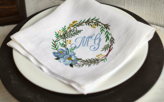 #102 | Wintergreen Wreath with Pale Blue Blooms | Personalized