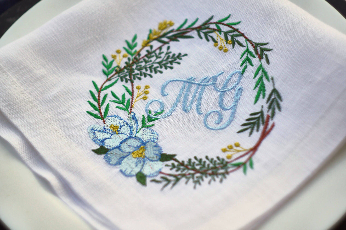 #102 | Wintergreen Wreath with Pale Blue Blooms | Personalized