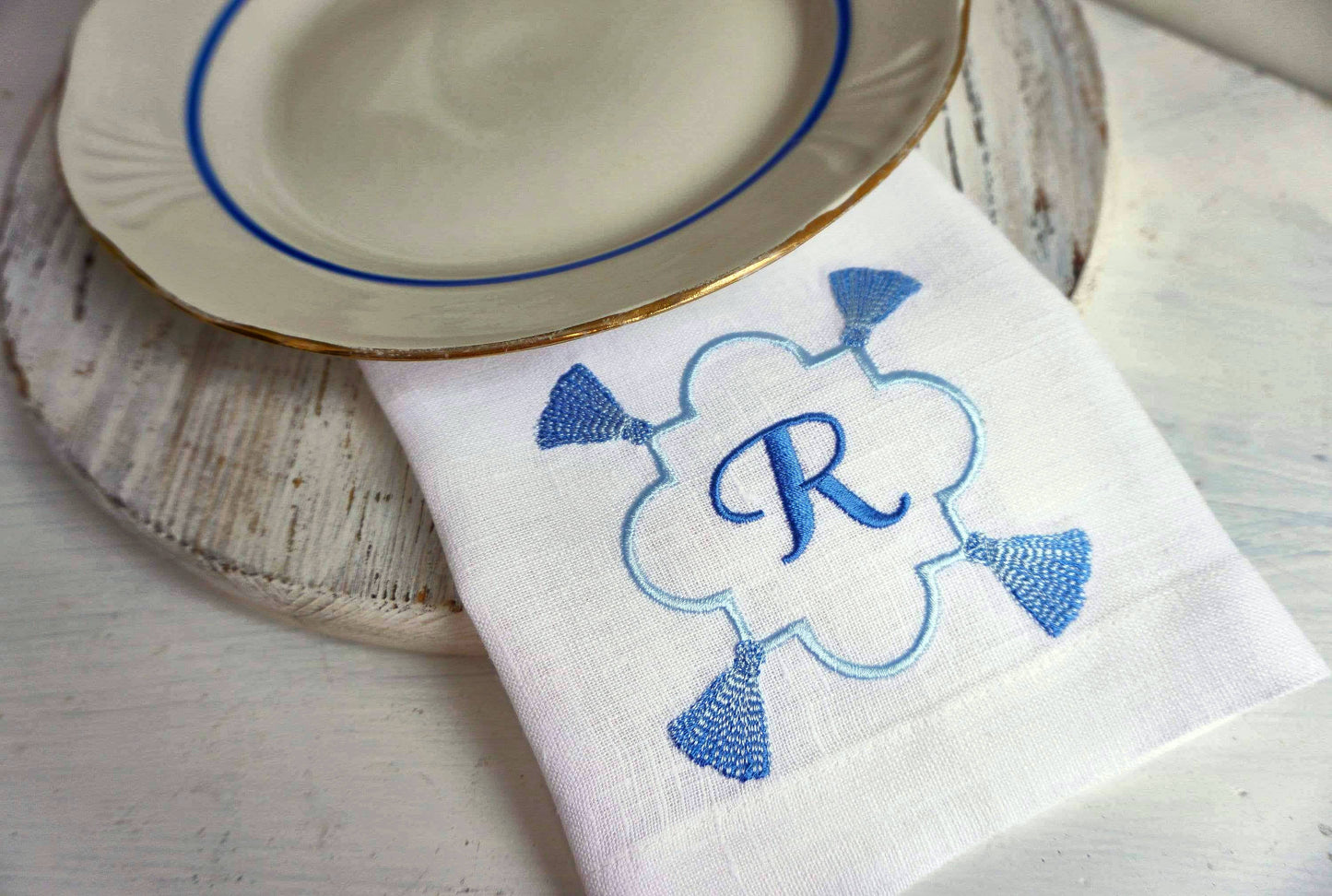 #026 | Blue Tassel Quatrefoil Monogram Frame | Personalized