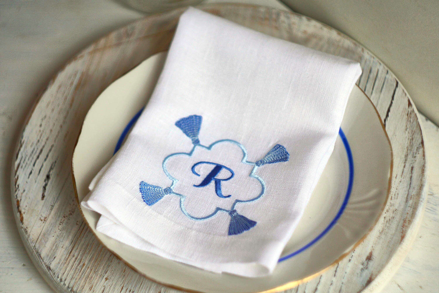 #026 | Blue Tassel Quatrefoil Monogram Frame | Personalized
