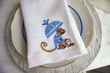 #090 | Blue Chinoiserie Monkey with Parasol