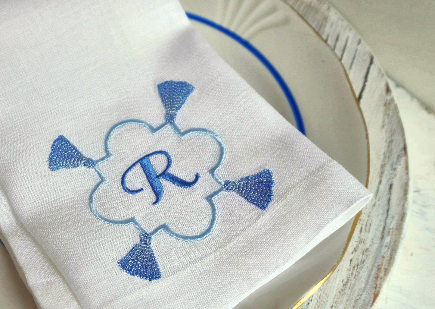 #026 | Blue Tassel Quatrefoil Monogram Frame | Personalized