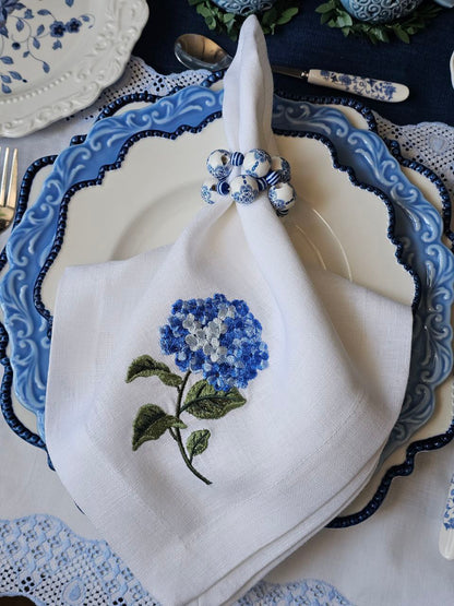 #134 | White Linen Napkin with Blue Hydrangea Embroidery