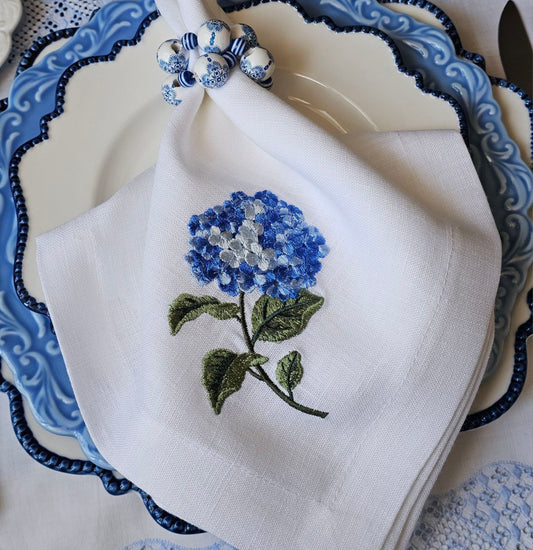#134 | White Linen Napkin with Blue Hydrangea Embroidery