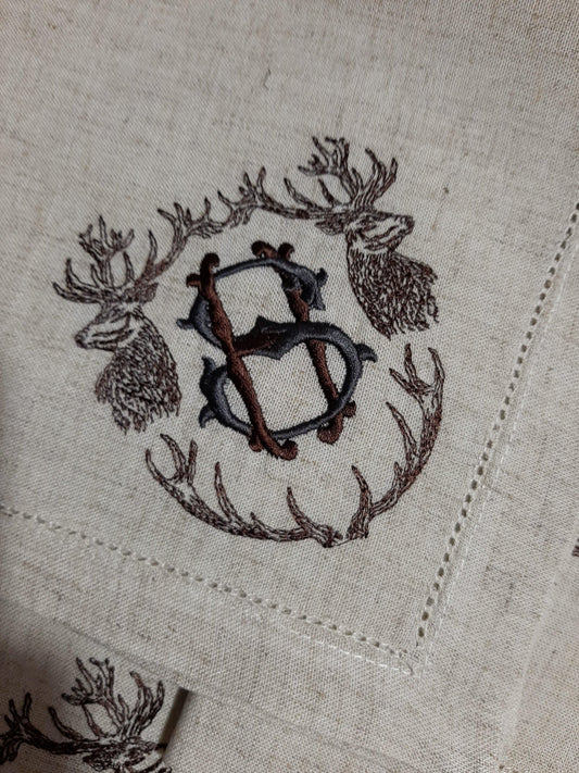 embroidered christmas deer cloth napkins, Holiday Table Decor, Embroidered Cloth Dinner Napkins, Stag Monogram Napkins, christmas napkins