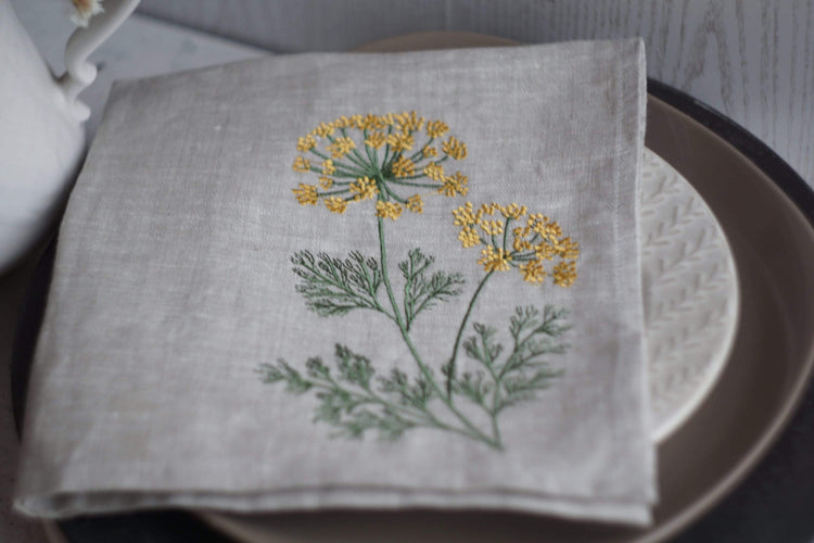 Linen Napkins with dill embroidery, cloth napkin, Embroidered dill Napkins Floral, table decoration, сloth Dinner Napkins,  autumn napkins