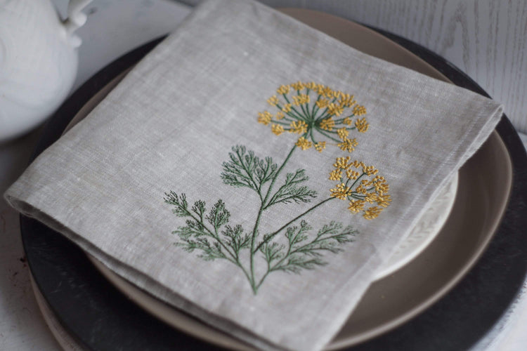 Linen Napkins with dill embroidery, cloth napkin, Embroidered dill Napkins Floral, table decoration, сloth Dinner Napkins,  autumn napkins