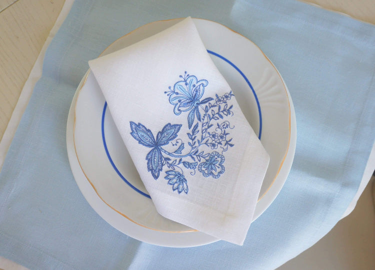 Blue Embroidered Napkins Floral, linen napkins, table decoration, Embroidered Cloth Dinner Napkins, floral napkins, Wedding napkins