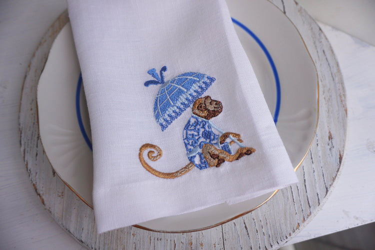 Blue Embroidered linen Napkins, table decoration, Embroidered Cloth Dinner Napkins, CHINOISERIE, Wedding napkins, monkey with umbrellas